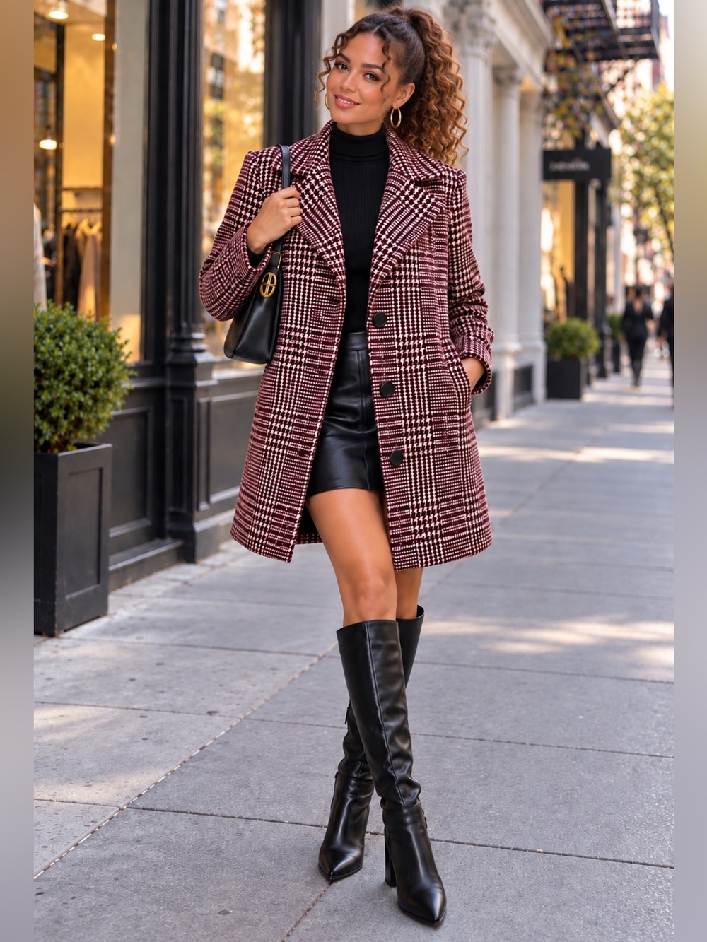 Sam Edelman Burgundy Plaid Wool-Blend Pea Coat 10